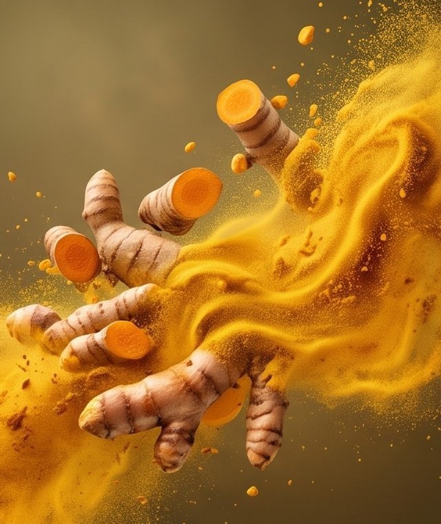 Whole organic turmeric roots swirling in a cloud of fresh turmeric powder