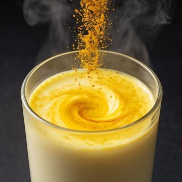 Turmeric powder being stirred into a glass of warm turmeric milk