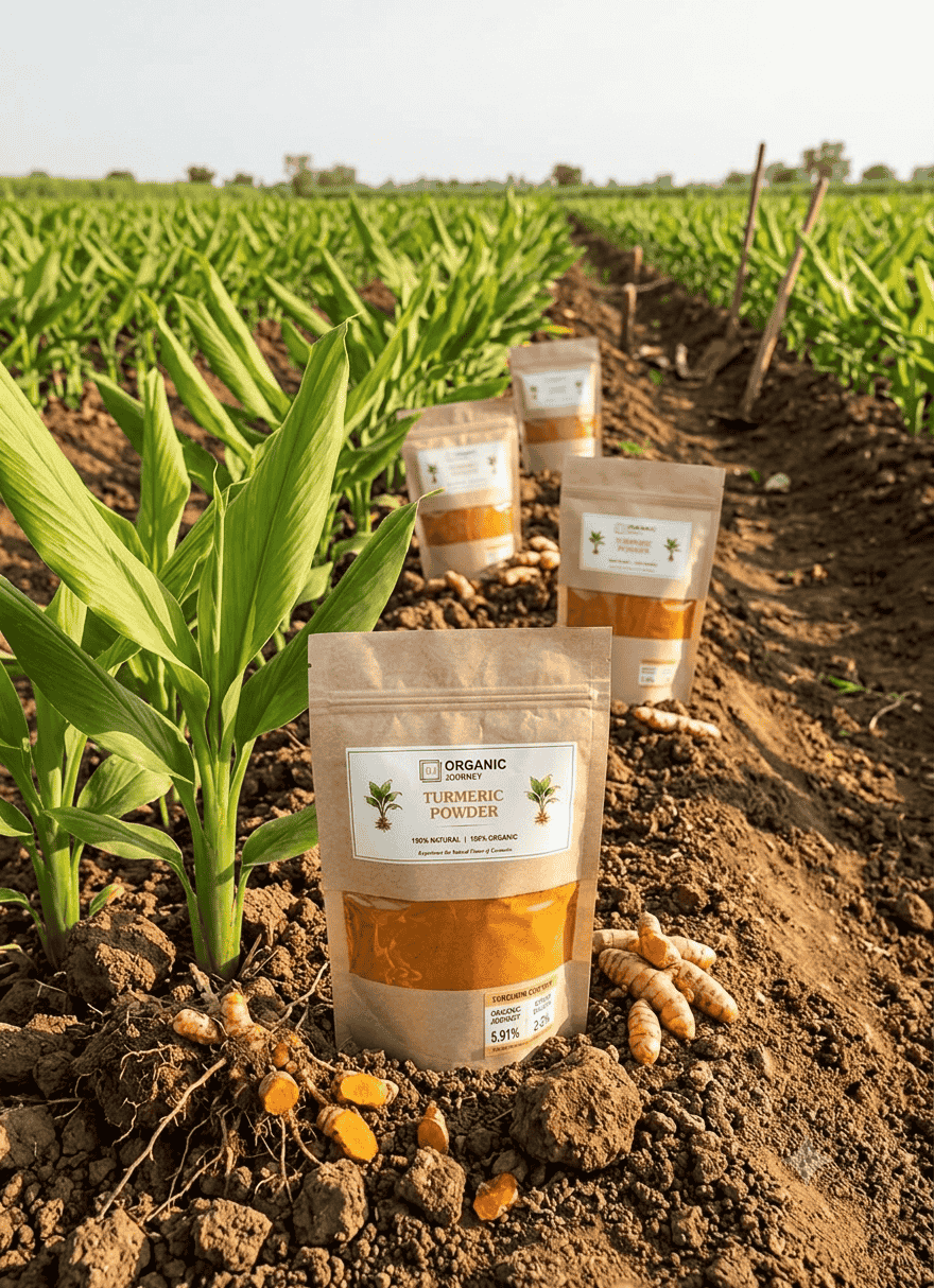 Organic turmeric powder pouch standing in a green field at sunrise