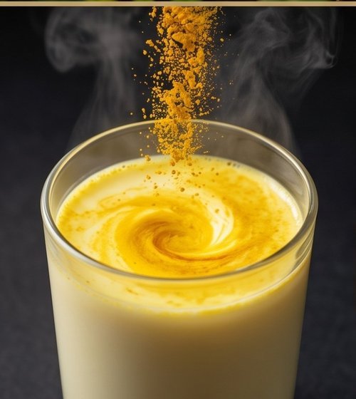 Turmeric powder being poured into a glass of warm turmeric milk