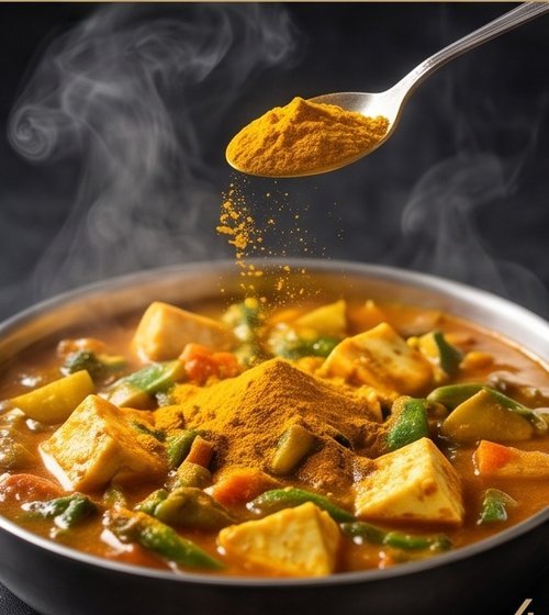 A spoonful of turmeric powder being added to a home-cooked curry