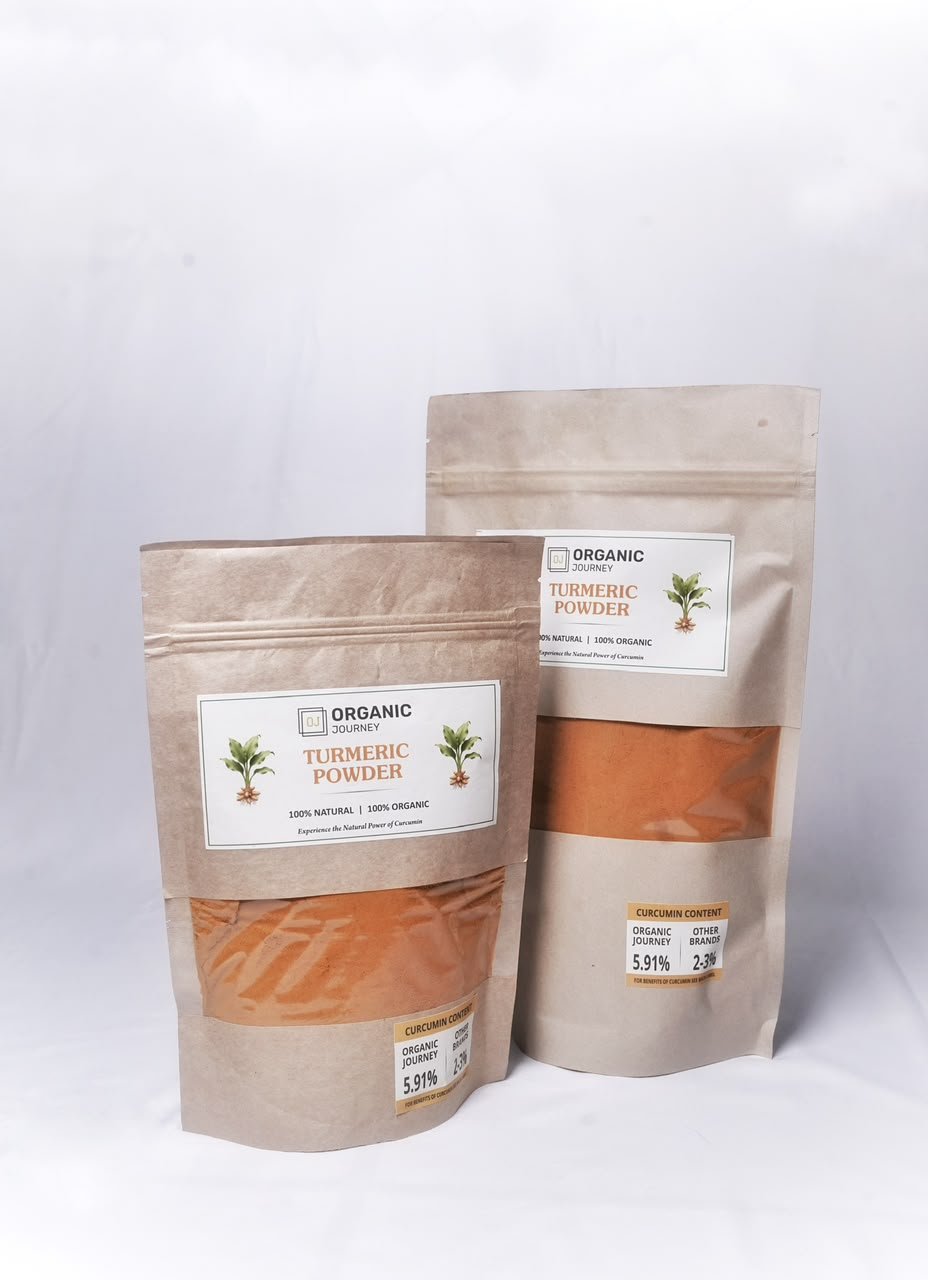 Organic Journey turmeric powder pouch photographed outdoors
